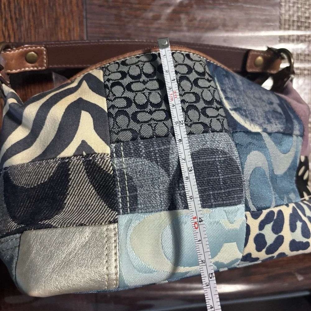 Vtg Coach Patchwork Denim Blue Brown Multicolor Shoulder Bag Leather Handle